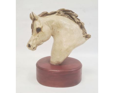 Ceramic sculpture of a horse's head by Irene French, with incised signature, on wooden plinth base, 32cm high Condition Repor