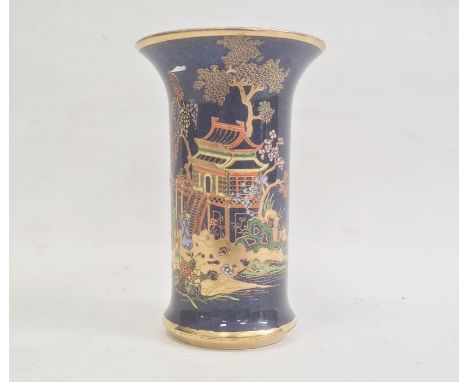 Carltonware pottery chinoiserie vase, the blue ground gilt and relief decorated with pagoda and flowering branches, 11.5cm 