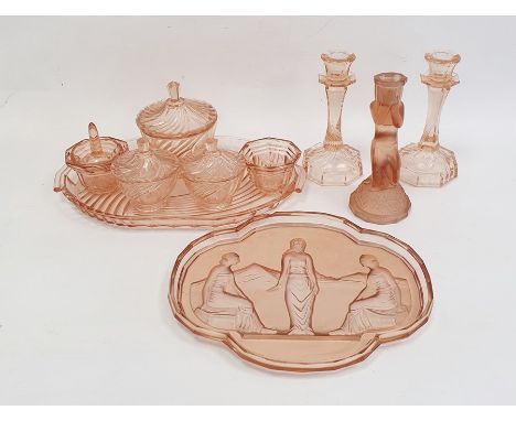 Art Deco glass dressing table set, possibly Sowerby, an Art Deco glass tray intaglio decorated with three classical female fi