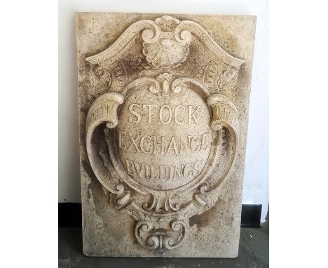 Concrete architectural panel with shield inscribed 'Stock Exchange Buildings', 89cm x 58cm 
