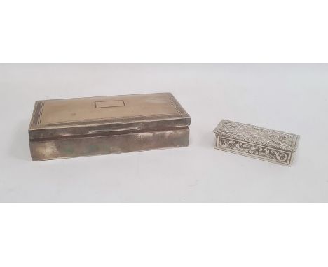 Silver cigarette box by Abrahams Bros, Birmingham 1927 of rectangular form with engine-turned decoration, 7cm long and a silv