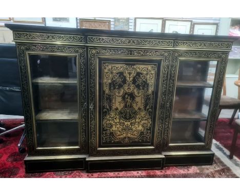 19th century boulle-style inlaid hardwood breakfront credenza, the ebonised top with brass inlay decoration, the front with c