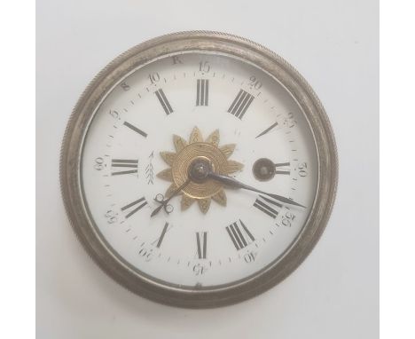 Travelling alarm clock of circular form, the enamel dial with Roman numerals, outer seconds dial and inner gilt metal alarm d