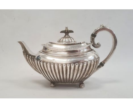 Victorian silver teapot by James Dixon & Sons Ltd, Sheffield 1891, of shaped oval form with gadroon decoration, on four ball 