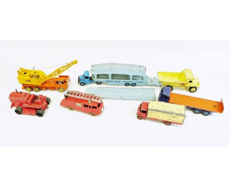Quantity of Dinky Supertoys to include Foden Pullmore car transporter no.982, 20t lorry-mounted crane, no.972, tractor, fire 