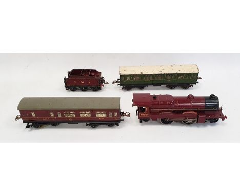 Hornby clockwork Royal Scot locomotive (no.6100) and tender in LMS maroon livery, a Hornby series no.2 corridor coach first-t