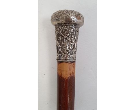 Walking cane with Chinese white metal finial, decorated with figures in a landscape, monogrammedCondition ReportLength 87.5cm