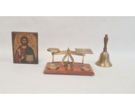 Pair of brass postal scales on rectangular wooden base, a brass bell&nbsp;with turned wooden handle and a painted icon (3)&nb