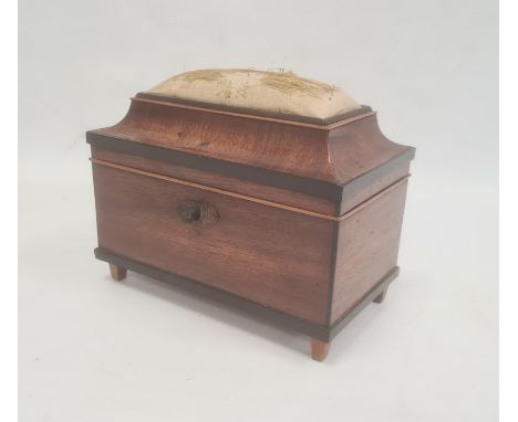 19th century mahogany sewing box, the domed cover with inset pin cushion, 22cm long