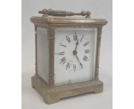 Brass and glass carriage clock with Roman numerals to the dial 