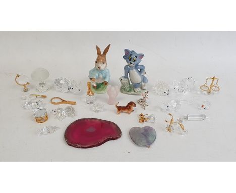 Quantity of assorted crystal glass models including a crocodile, a rhino, a windmill, etc, a Beswick model of Peter Rabbit an