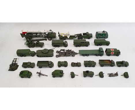 Box of assorted playworn military vehicles to include Dinky Supertoys, Medium Artillery tractor 689, Dinky Toys armoured comm