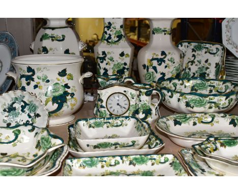 NINETEEN PIECES OF MASON'S CHARTREUSE GIFT WARES AND DINNER WARES, comprising a table lamp, height to top of fitting 42cm, tw