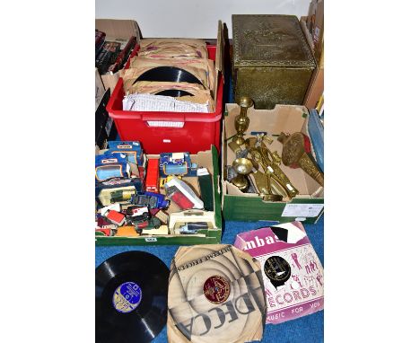 THREE BOXES OF BRASSWARE, 78 RECORDS AND DIECAST CARS, to include a collection of diecast cars and advertising lorries, Match
