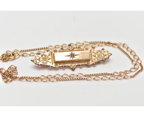 A LATE VICTORIAN 9CT GOLD DIAMOND BROOCH AND A 9CT GOLD NECKLACE, the first designed as a late Victorian marquise shape brooc