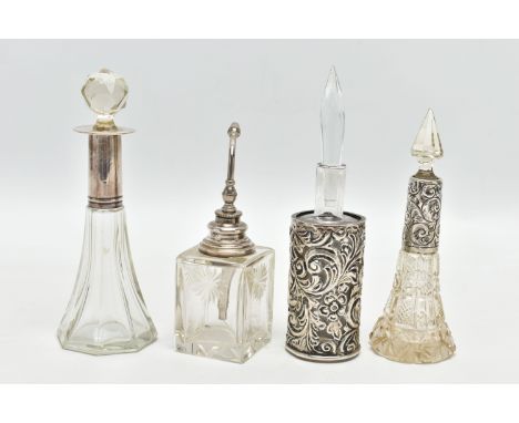 FOUR SILVER AND GLASS PERFUME BOTTLES, the first a square bottle fitted with a silver lid, hallmark part worn London 1914, a 