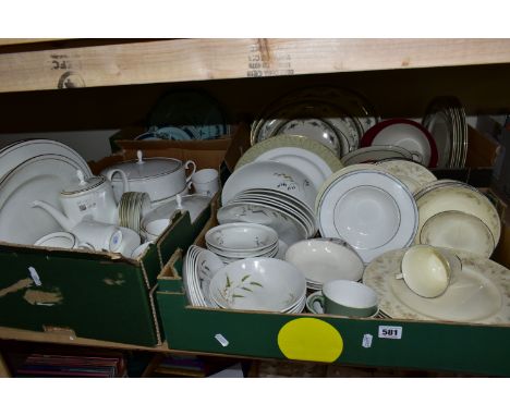 FOUR BOXES OF CERAMIC DINNERWARES, to include a thirty five piece Coalport Elanora dinner service, a box of Adams Calyx Ware 
