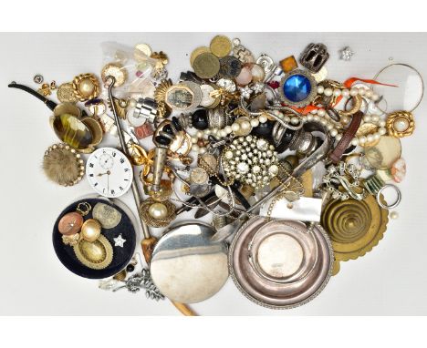 A BAG OF ASSORTED ITEMS, to include a selection of yellow and white metal jewellery items, beaded jewellery, a small assortme