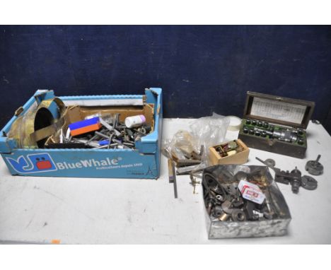 A BOX OF MOSTLY LATHE PARTS to include marking tools, chucks, tap sets etc