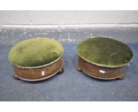 A PAIR OF VICTORIAN WALNUT AND MARQUETRY INLAID FOOTSTOOLS STOOLS, with a fabric lid, enclosing pottery spittoons, on ceramic