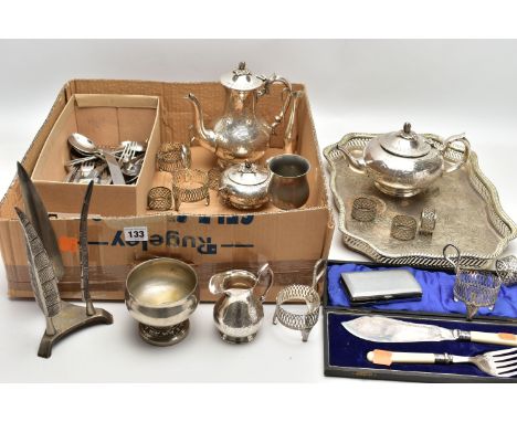 A BOX OF WHITE METAL WARE, to include a four piece EPNS tea service set comprising of a teapot, coffee pot, sugar bowl and mi