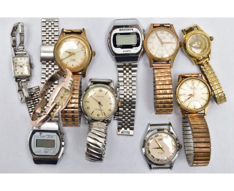 A BAG OF ASSORTED WRIST WATCHES, a Oris watch head together with, nine wrist watches, names to include Orfilux, Belforte, Jap
