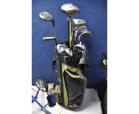 GOLF CLUBS AND TROLLEY to include a Macgregor golf bag containing various clubs such as Progen, Mizuno, MD golf etc and a Don