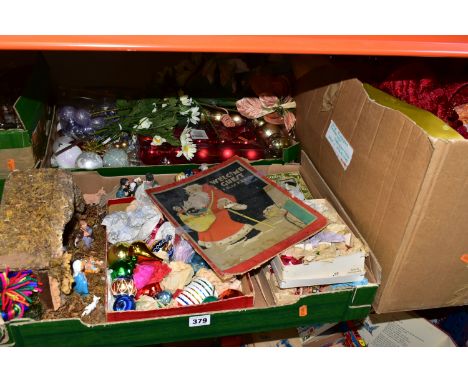 SIX BOXES OF CHRISTMAS DECORATIONS AND CHRISTMAS TREES, to include three boxes of  vintage Christmas baubles, tinsel and deco