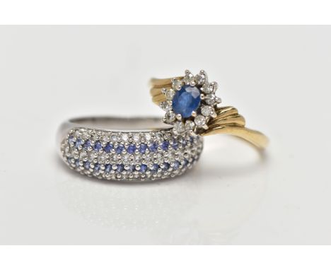 TWO DIAMOND AND GEM SET RINGS, the first a 9ct gold sapphire and diamond cluster ring, the oval sapphire with single cut diam