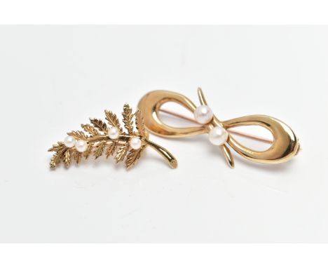 TWO 9CT GOLD CULTURED PEARL BROOCHES, the first a 9ct gold 'Cropp &amp; Farr' floral spray brooch with cultured pearl highlig