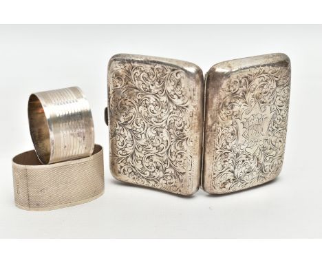 A SILVER CIGARETTE CASE AND TWO NAPKIN RINGS, a rectangular form case, foliage engraving detail, monogramed cartouche, approx