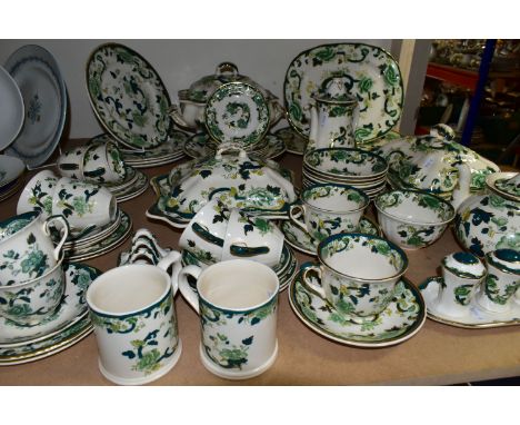 SIXTY PIECES  OF MASON'S CHARTREUSE DINNER WARE comprising two large meat plates, one soup tureen, four dinner plates, diamet