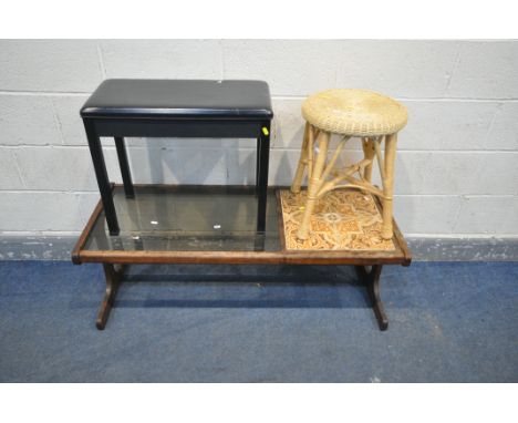 A G PLAN TEAK TILE TOP COFFEE TABLE, with frosted glass insert, length 120cm x depth 51cm x height 45cm, a Yamaha piano stool