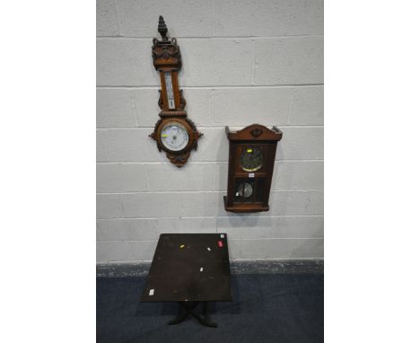 AN OAK CASED ANEROID BAROMETER, inscribed Bailey to dial, height 80cm, an oak case wall clock, and a square folding table (co