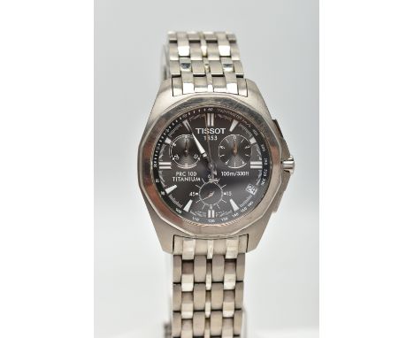 A TISSOT WRISTWATCH, the grey dial, with luminescent hourly applied markers, silver coloured luminescent hands, three subsidi