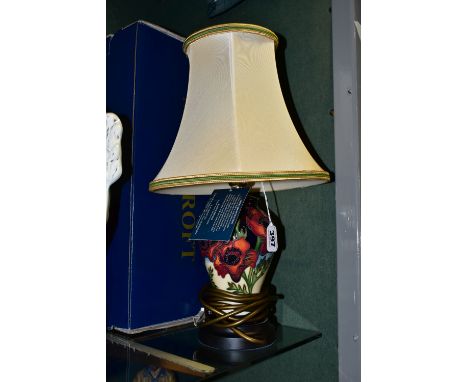 A BOXED MOORCROFT POTTERY FREEDOM FIELDS TABLE LAMP, of baluster form, tube lined with red poppies on a blue/cream ground, th