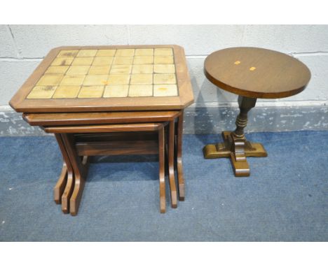 A G PLAN TEAK TILE TOP NEST OF THREE TABLES, largest length 50cm x depth 43cm x height 45cm, along with a solid oak circular 