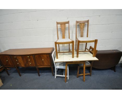 A FORMICA TOP DRAW LEAF TABLE, four art deco chairs, a mahogany sideboard, and a mahogany gate leg table (7)