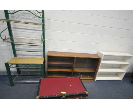 A GREEN TUBULAR METAL HALL STAND, width 73cm x depth 42cm x height 174cm, a vintage red travelling trunk, and two bookcases (