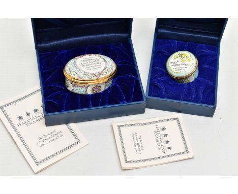 TWO HALCYON DAYS ENAMEL TRINKET BOXES, the first to commemorate Queen Elizabeth the Queen Mother on her 80th birthday dated 4