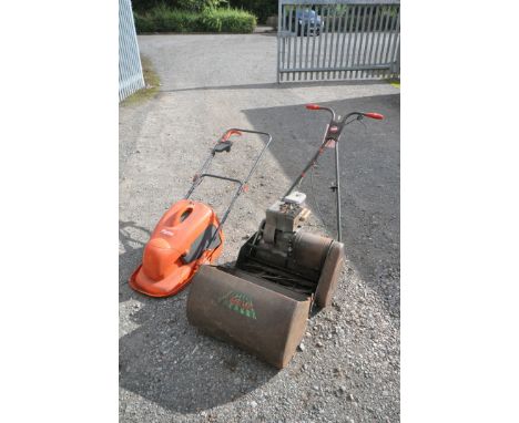 A VINTAGE WEBB CYLINDER PETROL LAWNMOWER, with glass box (engine turns, well rusted condition) and a flymo micro compact 3- h