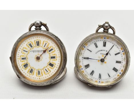 TWO SILVER LADIES POCKET WATCHES, the first a white circular dial with Roman numeral hourly markers, and decorative foliate h