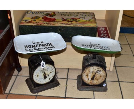 A COLLECTION OF VINTAGE ADVERTISING  ITEMS comprising  two Homepride self raising flour scales (enamel is chipped on pans), a