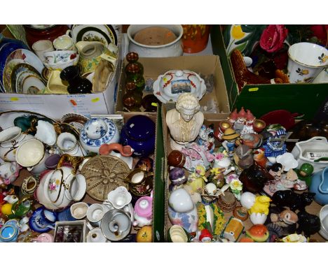 FIVE BOXES AND LOOSE CERAMICS ETC, to include two boxes of decorative ornaments, Price Kensington nesting hen dish, Losol War