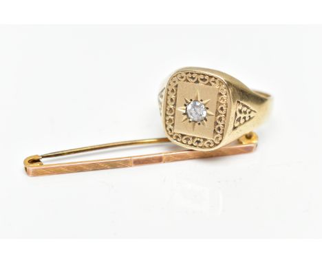 TWO ITEMS OF 9CT GOLD JEWELLERY, the first a signet ring star set with a circular cut paste, to the tapered shoulders and pla