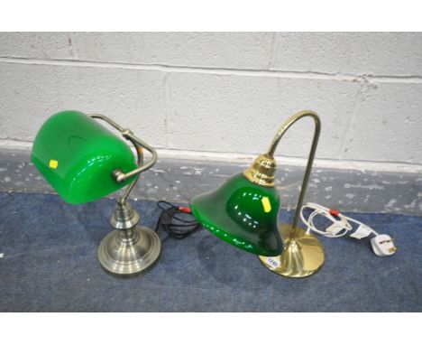 A BANKERS LAMP with a domed glass shade, and another bankers lamp with a circular glass shade (condition:-both in good condit