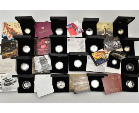 A QUANTITY OF ROYAL MINT SILVER PROOF COINS, to include 2013,14 and 15 boxed one ounce silver proof Britannia coins, a Salvat