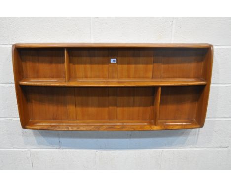 AN ERCOL ELM HANGING PLATE RACK, width 106cm x height 49cm (condition - surface marks and scratches)