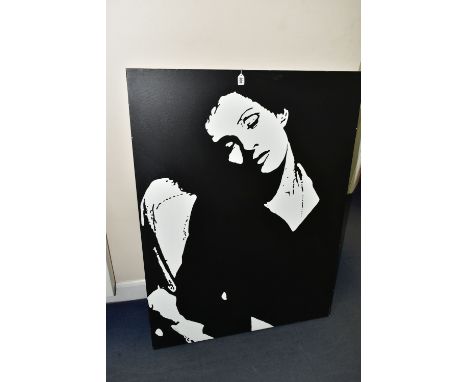 A MONOCHROMATIC STENCIL PORTRAIT DEPICTING A FEMALE FIGURE, indistinctly signed and dated '05?, oil on canvas, approximate si