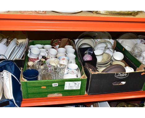 SIX BOXES OF CERAMICS, GLASSWARE AND SUNDRIES,  to include a pair of ladies 'Bite' golf shoes UK size 6,  Salter saucepans, a